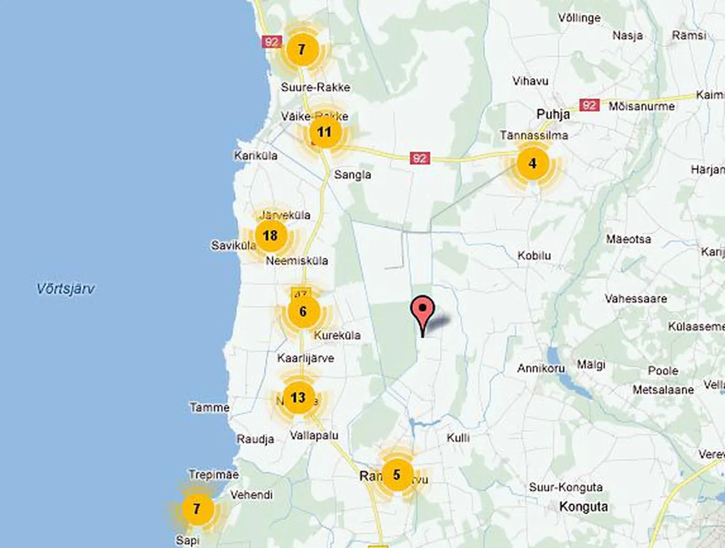 Elektririkete arv Võrtsjärve-äärsetes külades 29. detsembril kella 13.30 paiku.