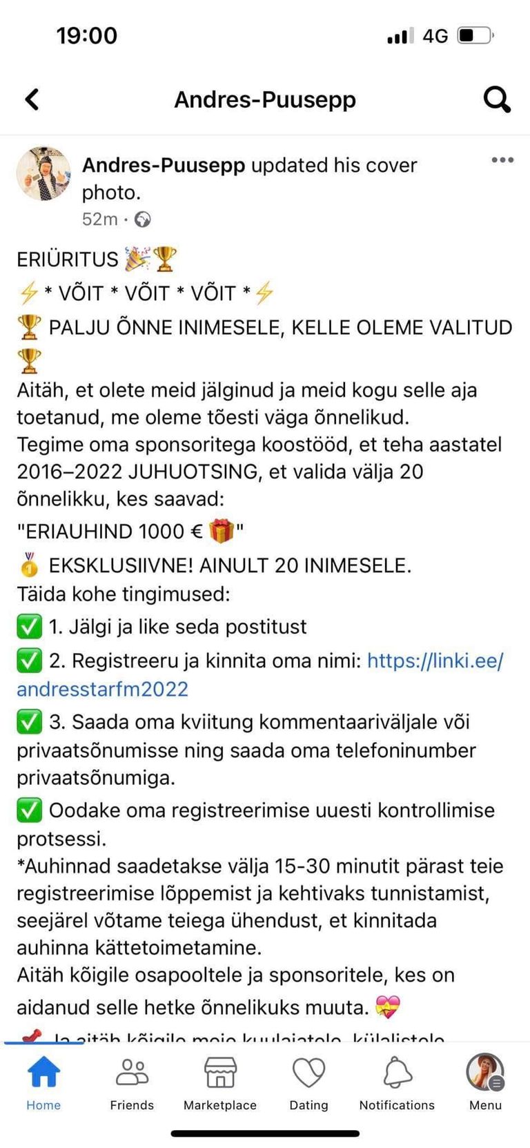 Andres Puusepa nimel loodud õngitsus.