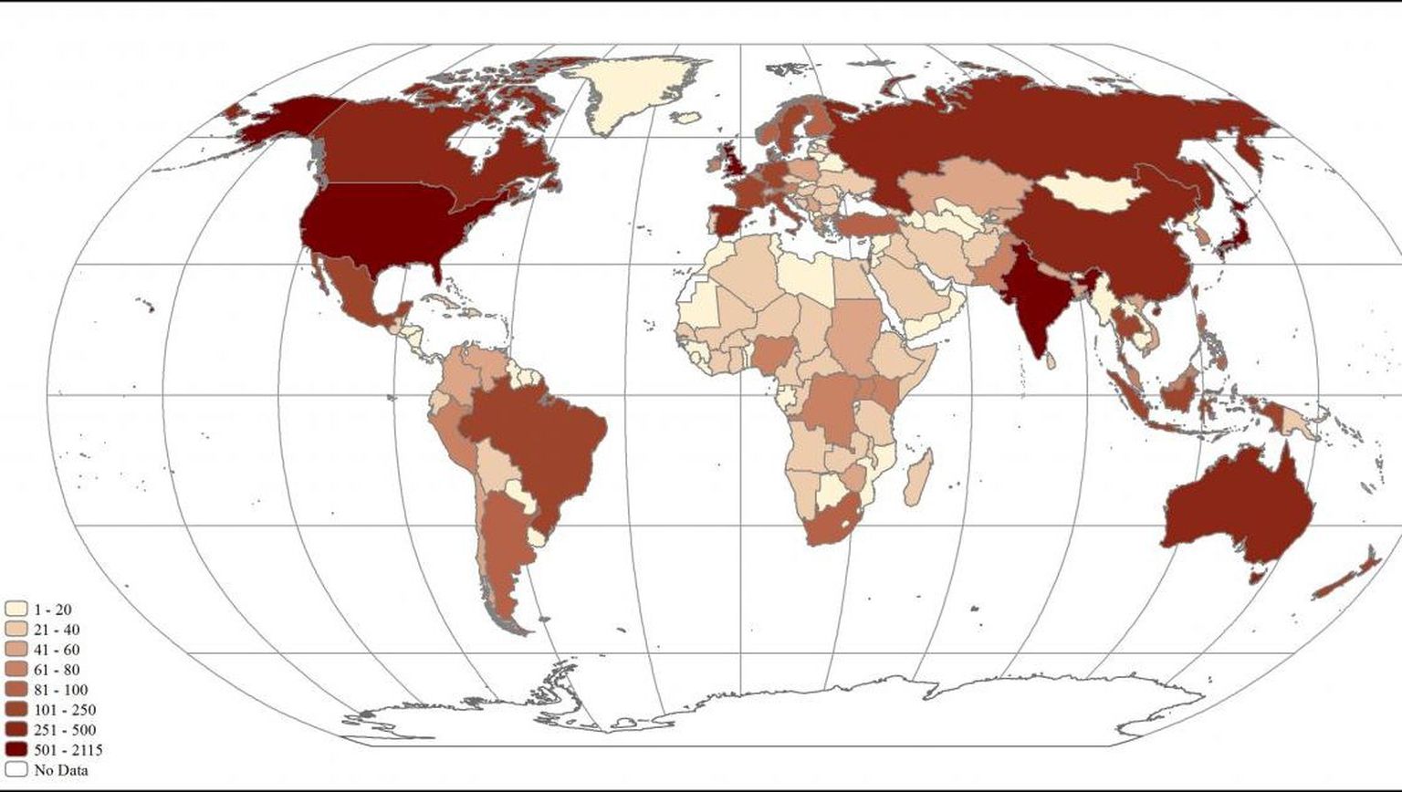 Haiguspuhangute koguarv riigiti alates 1980. aastast.