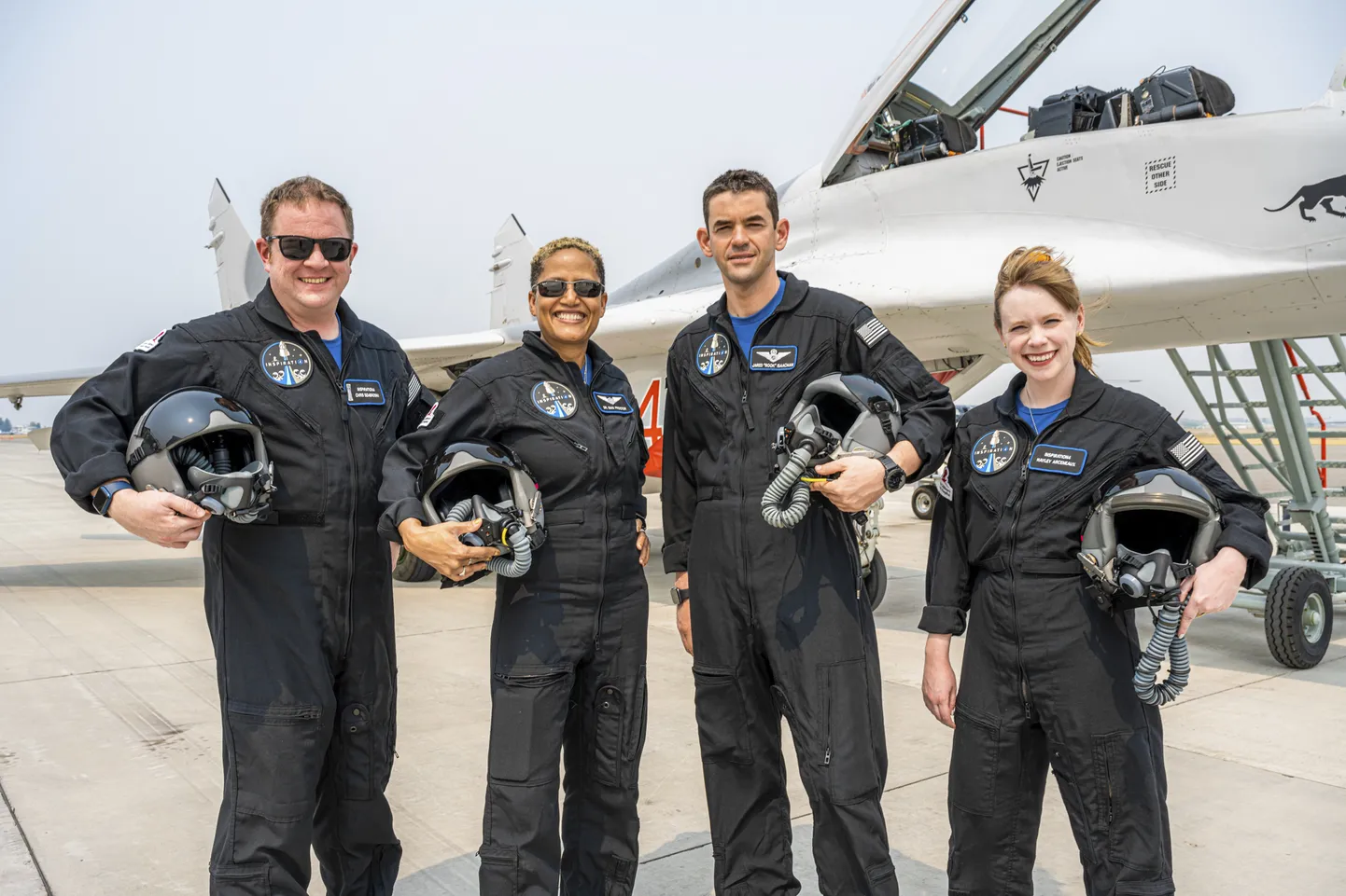 SpaceXi tsiviillennul osalejad vasakult: Chris Sembroski, Sian Proctor, Jared Isaacman ja Hayley Arceneaux Montanas augustis pärast kaaluta oleku treeningut