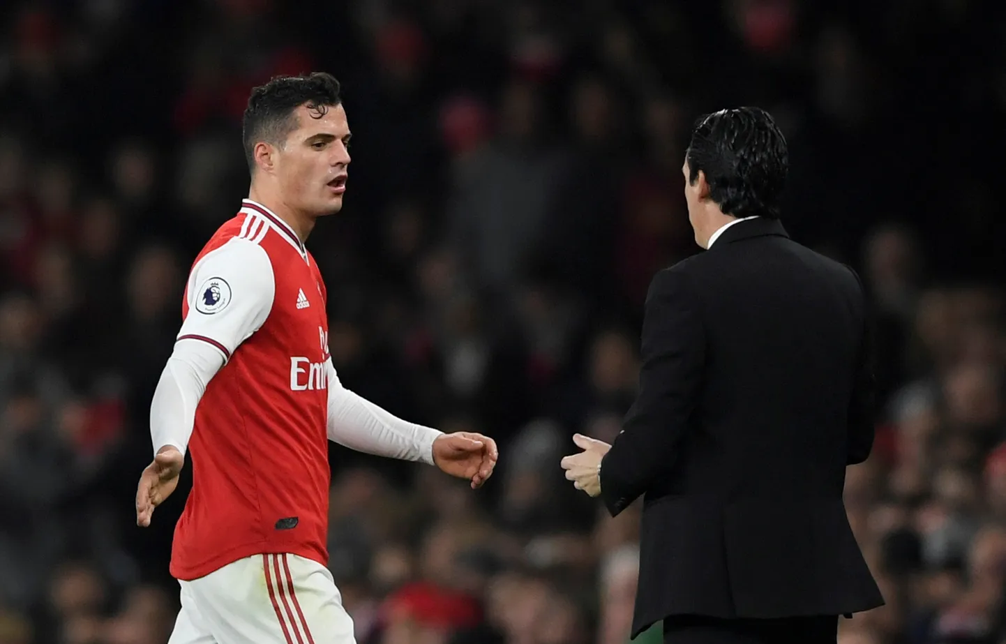 FILE PHOTO: Soccer Football - Premier League - Arsenal v Crystal Palace - Emirates Stadium, London, Britain - October 27, 2019  Arsenal's Granit Xhaka reacts after being substituted   Action Images via Reuters/Tony O'Brien  EDITORIAL USE ONLY. No use with unauthorized audio, video, data, fixture lists, club/league logos or "live" services. Online in-match use limited to 75 images, no video emulation. No use in betting, games or single club/league/player publications.  Please contact your account representative for further details/File Photo