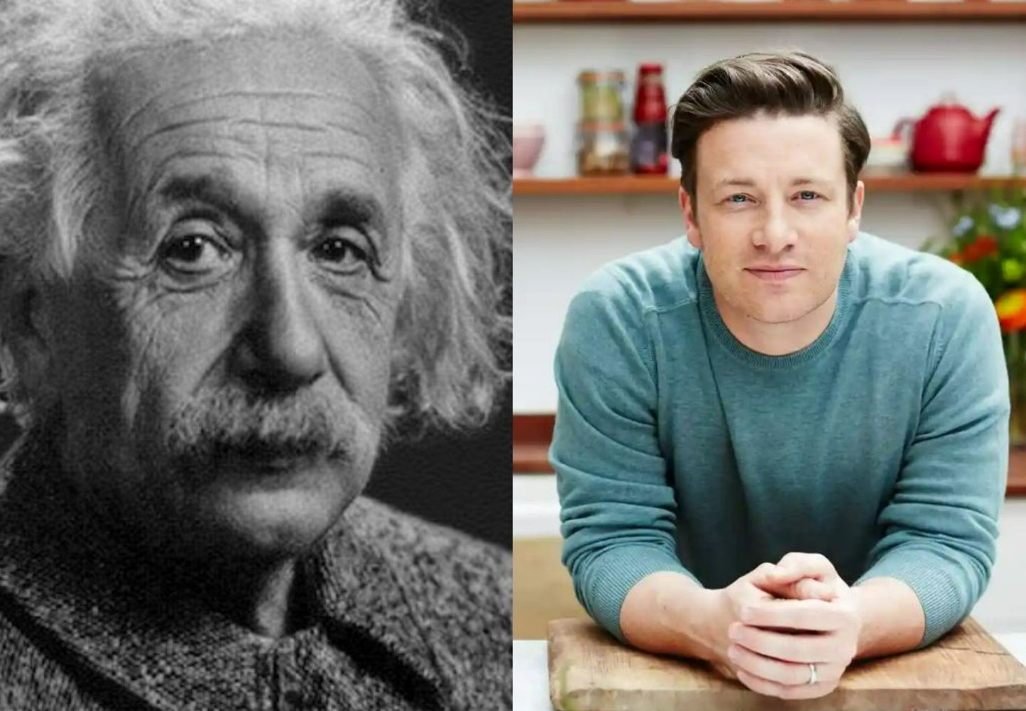 Füüsikateoreetik Albert Einstein ja telekokk Jamie Oliver.