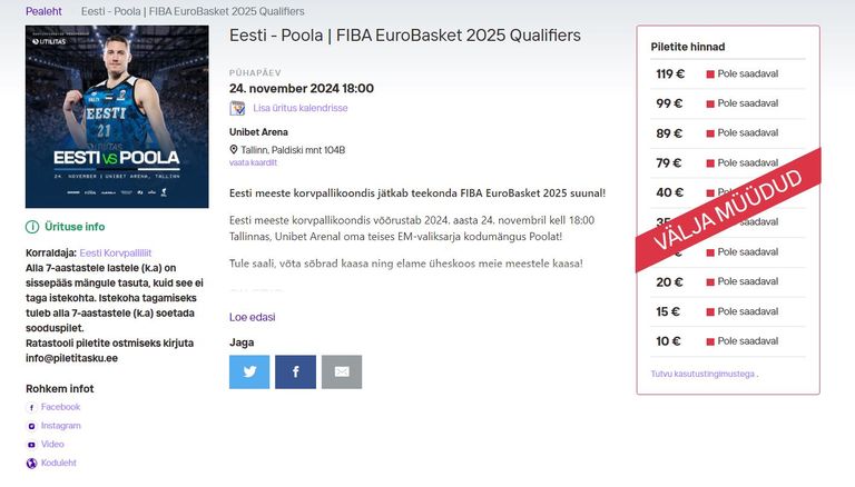 Piletitasku annab oma kodulehel teada, et Eesti ja Poola mängu piletid on välja müüdud.