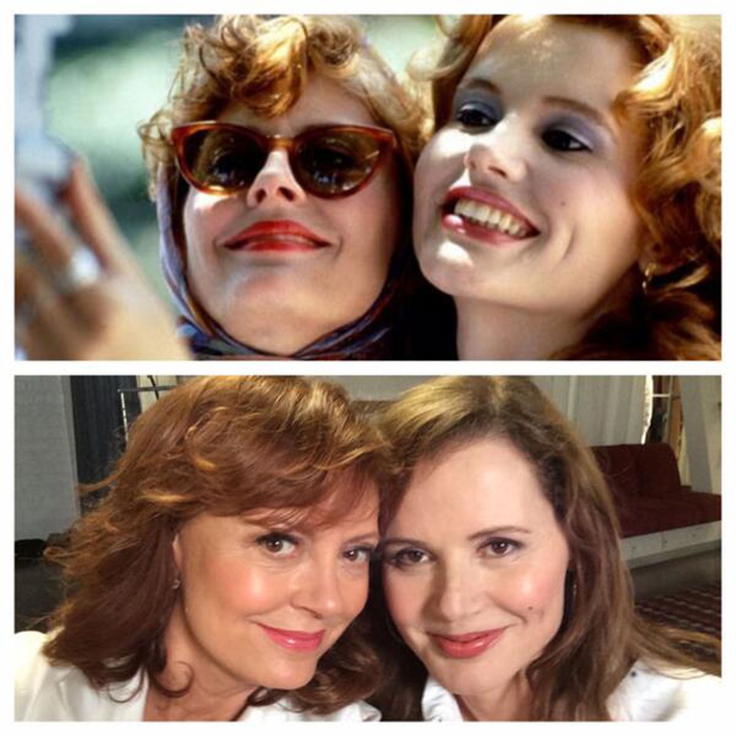 Kroonimata selfie-kuningannad Susan Sarandon ja Geena Davis filmis "Thelma and Louise" ja tänapäeval.