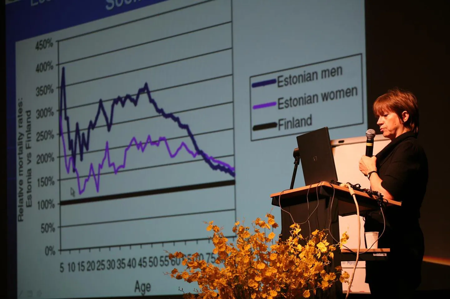 Terviseedendaja Anu Kasmel illustreeris Paide kultuurikeskuses peetud loengut graafikutega, kust oli muuhulgas ka näha eestlaste märgatavalt kõrgem suremus võrreldes soomlastega.