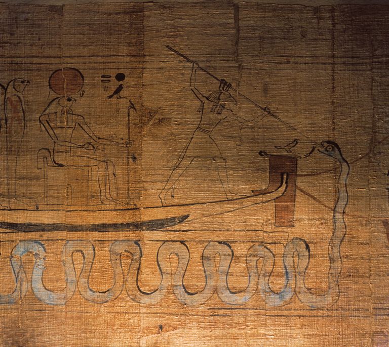 Vana-Egiptuse pilt, millel on kujutatud nii päikesejumal Ra'd kui ta vaenlast Apepi, kes on madu