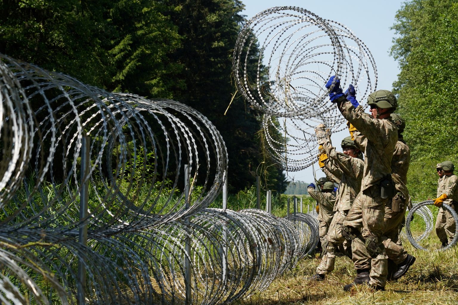 Leedu sõdurid panemas Valgevene piiri juures Druskininkais okastraati, et takistada ebaseaduslike migrantide sisenemist Leetu