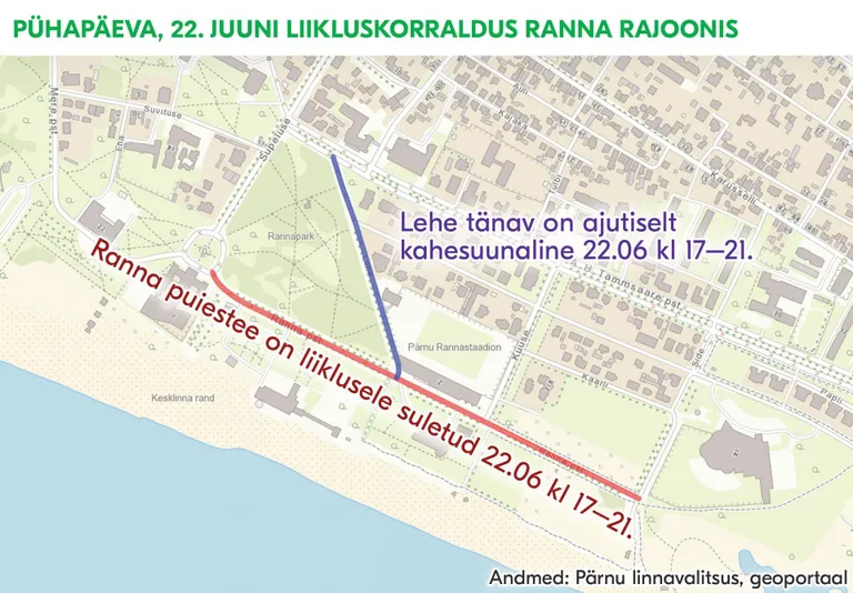 Liikluskorralduse muutus Pärnus ranna rajoonis pühapäeval, 22. juunil.