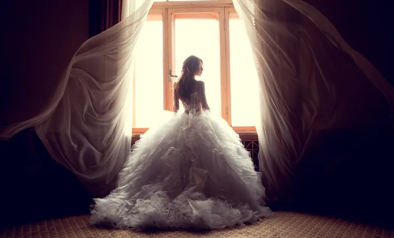 Portrait of the beautiful bride against a window indoors