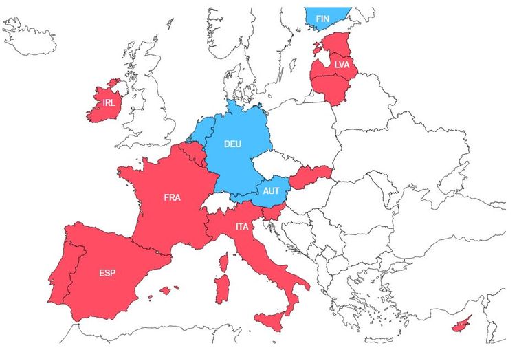 Sinisega märgitud riigid on keskmisest optimistlikumate tulevikuootustega, punased aga näevad tulevikku pessimistlikult. Allikas: Euroopa Komisjon