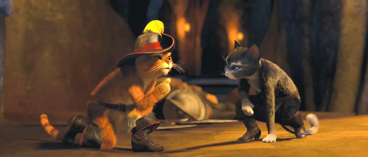 Eestikeelses animatsioonis "Saabastega Kass" sööstab osav siidikarvaline sangarkiisu peadpööritavasse seiklusse, et röövida maailmakuulus kuldmune munev hani.