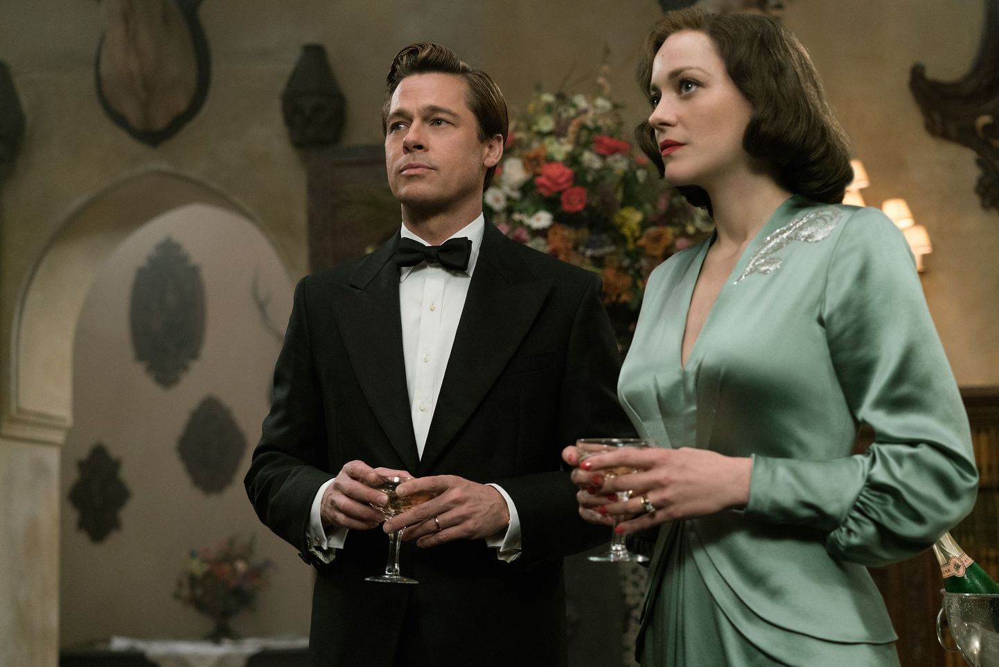 This image released by Paramount Pictures shows Marion Cotillard, right, and Brad Pitt in a scene from, "Allied," in theaters on November 23. (Daniel Smith/Paramount Pictures via AP)
