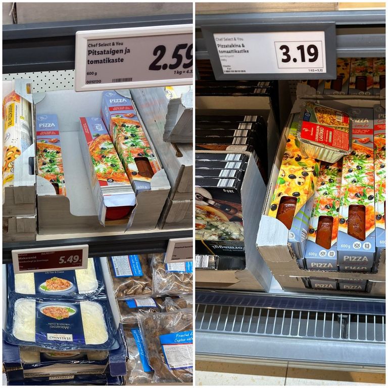 Тесто для пиццы с соусом в таллиннском магазине (слева) и в магазине в Хельсинки (справа).