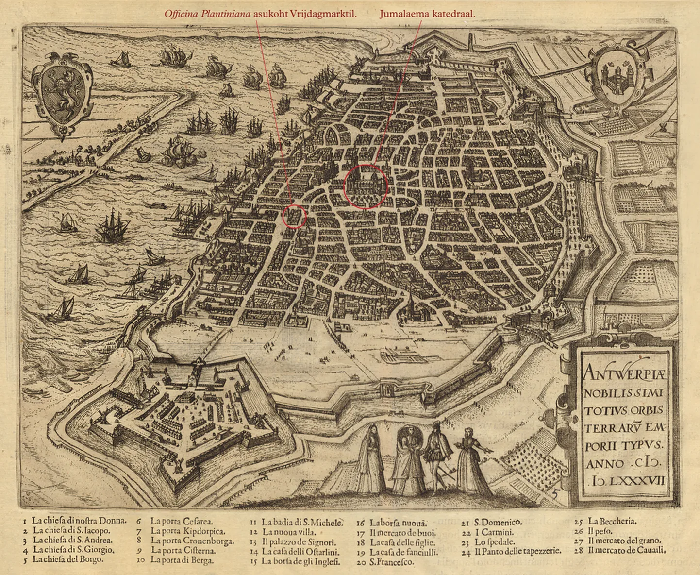 Antwerpeni kaart. Vaselõige, 1587. Raamatust: Lodovico Guicciardini. Descrittione di tutti i Paesi Bassi. Antwerpen, 1588. (TÜR, R XIIIa 627).