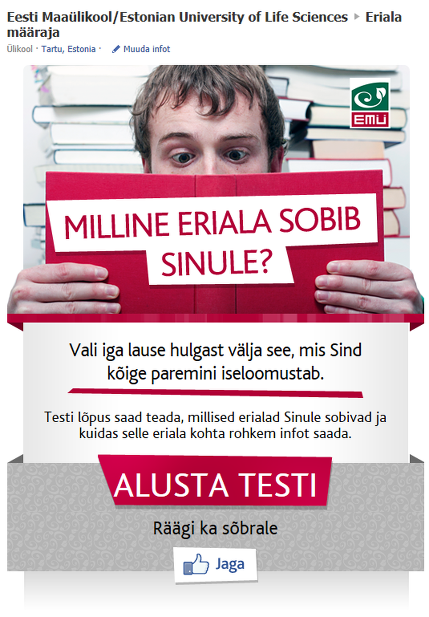 Eesti Maaülikooli reklaam ja erialatest Facebookis.