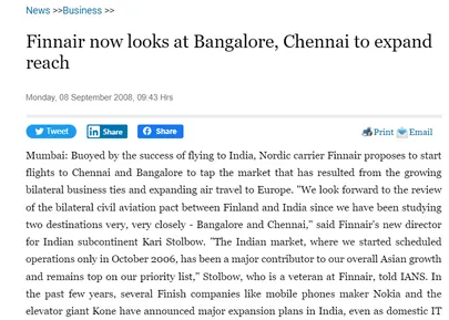 Indias lennuvõrgu laiendamine on Finnairil olnud jutuks nii 2008. kui ka 2011. aastal.