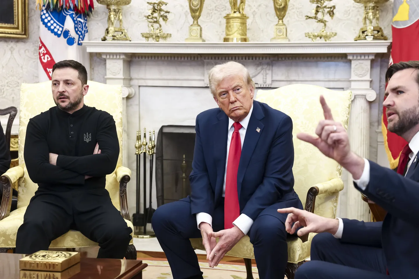 Ukrainian President Volodymyr Zelenskyy, US President Donald Trump and US Vice President J. D. Vance in the Oval Office of the White House on February 28, 2025.
