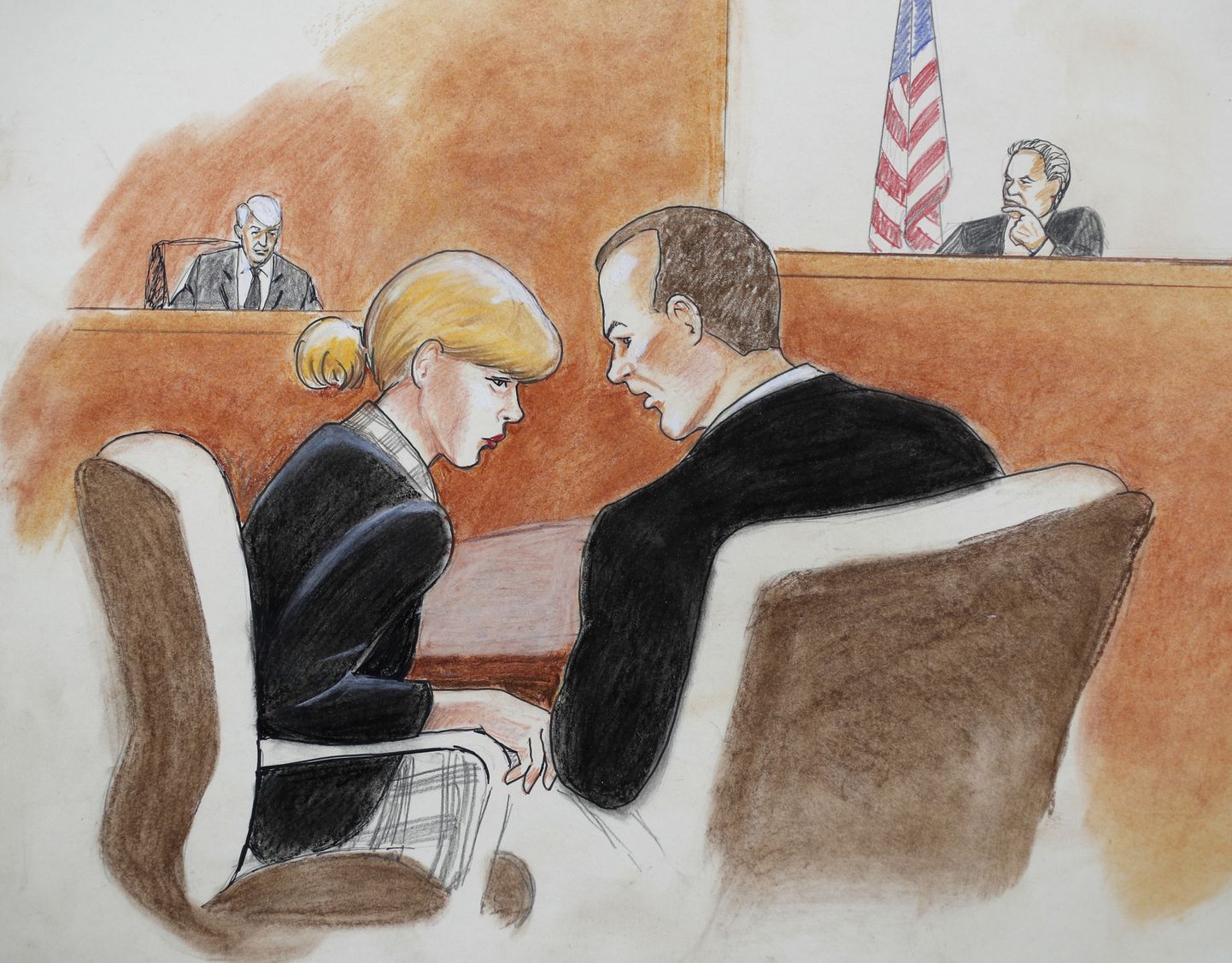 Kohtukunstnik Jeff Kandyba joonistus Taylor Swiftist kohtusaalis 8. augustil. Taustal on tunnistusi andmas 
endine raadiosaatejuht David Mueller