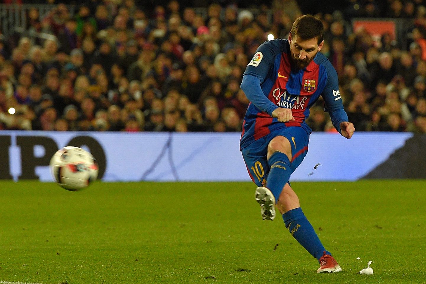Lionel Messi edukalt karistuslööki sooritamas.