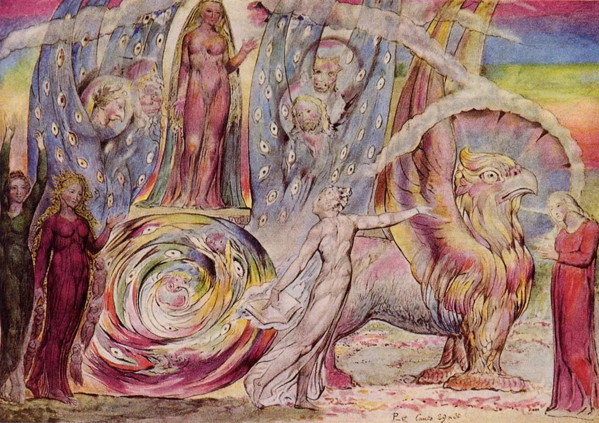 William Blake'i illustratsioon hetkest, mil Dante nägi Beatrice'i üle pika aja uuesti. Beatrice on särav naine kaarikul.