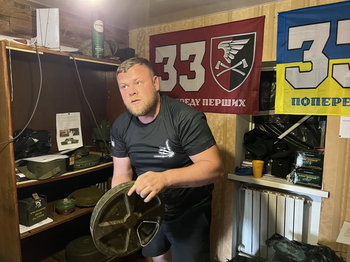 Dmytro points to an American anti-tank mine from 1939, donated to the Ukrainians as part of military support. It’s supposed to be a good mine, but it  must be handled with care, as the mine casings have become fragile with age. Any careless movement could be fatal for the sapper.