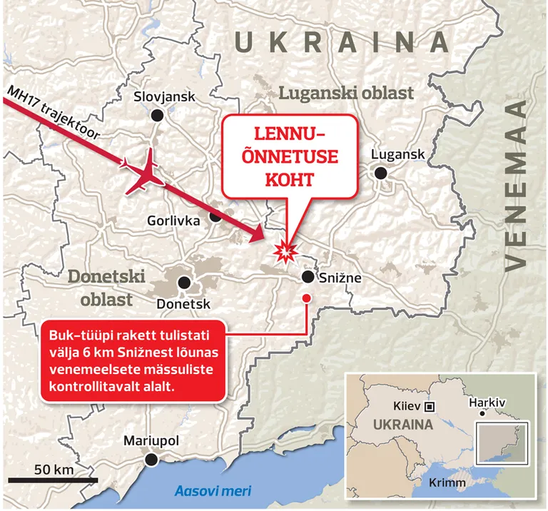 Lend MH17 tulistati alla Snižnest lõunas välja tulistatud raketiga.