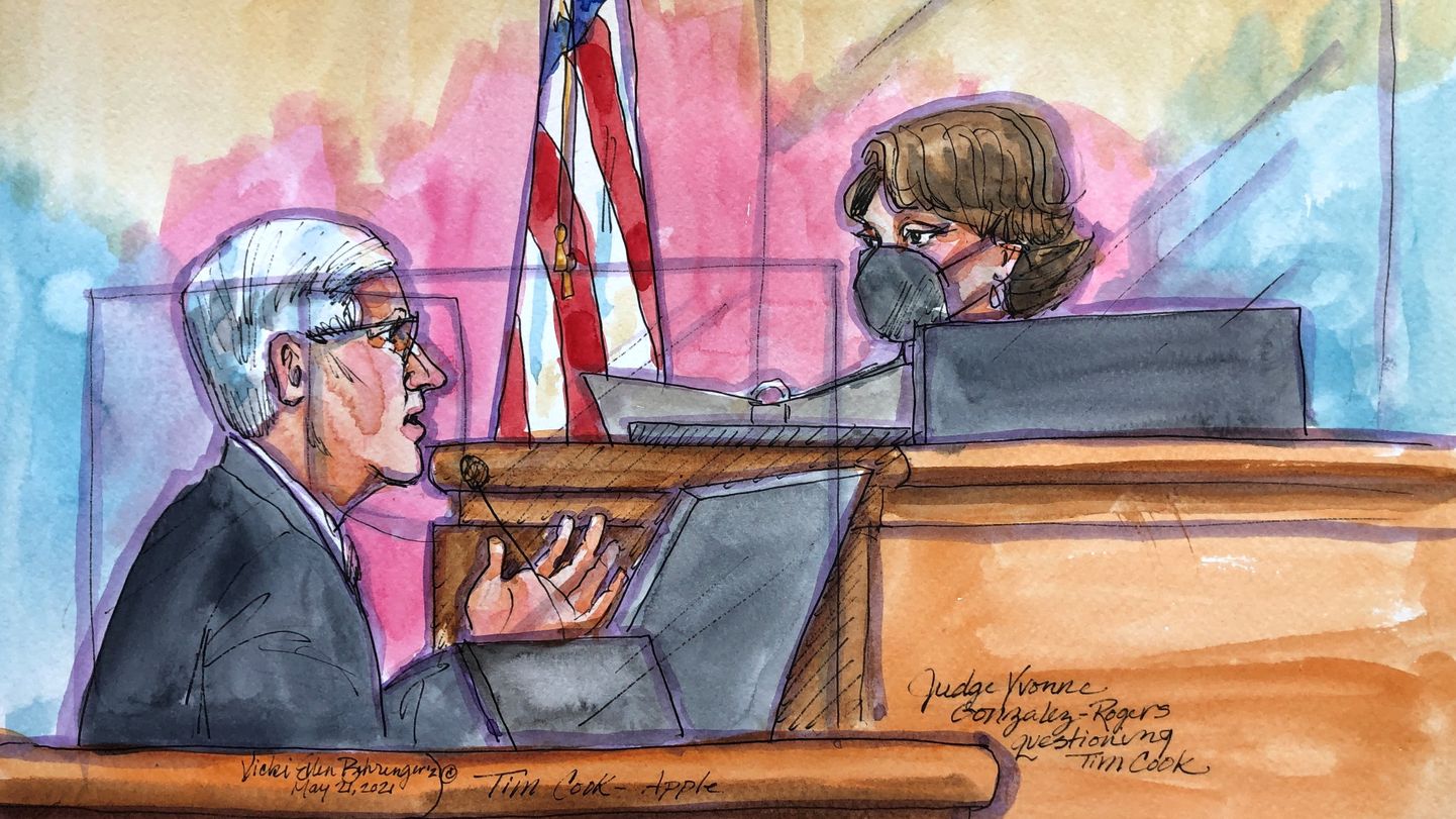 Kohtunik Yvonne Gonzalez Rogers küsitleb Californias Oaklandis asuvas kohtusaalis Apple'i tegevjuhti Tim Cook.