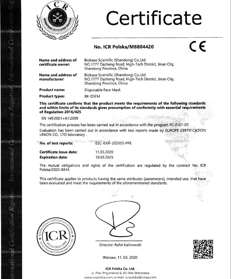 Semetroni lisatud sertifikaat, mis nende sõnul kinnitab, et AS Semetroni poolt tarnitud maskidel on kehtiv CE märgistus ja vastavat Euroopa Komisjoni poolt kehtestatud kvaliteedi nõuetele EN 149:2001+A1:2009.