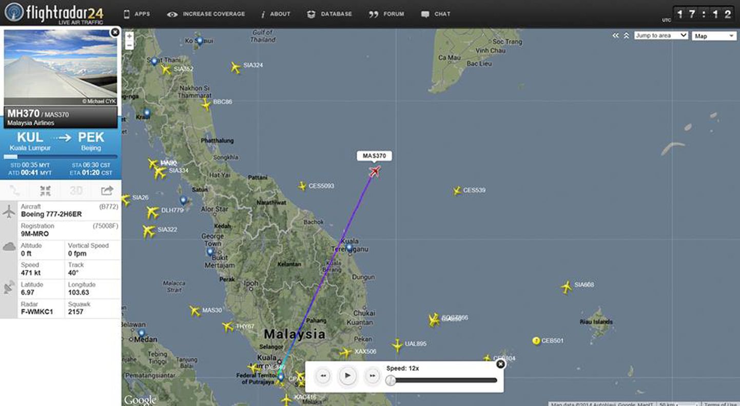 Lehekülje flightradar24.com kuvaõtmmis, millel on näha Malaysian Airlinesi lennu MH370 teekonna algust