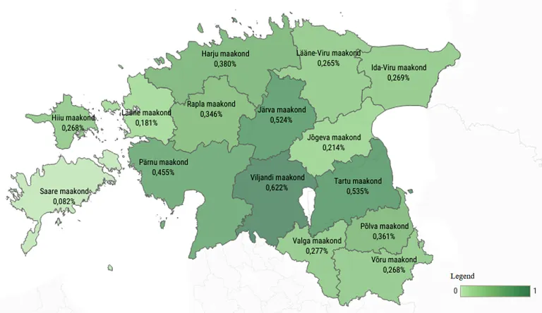 Koroonavaktsineerimised maakondades elanikkonna suhtarvuna 6.jaanuari seisuga.