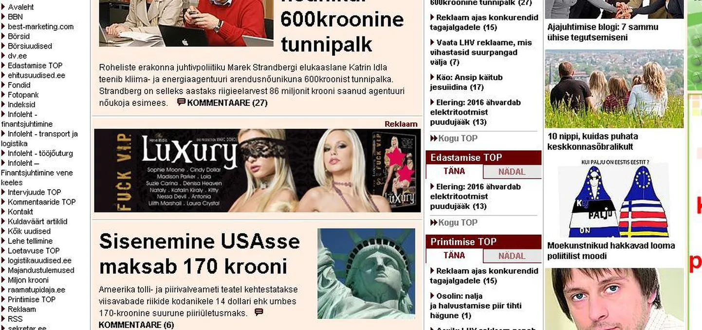 Äripäeva kodulehel ilutses erootikapoe reklaam.