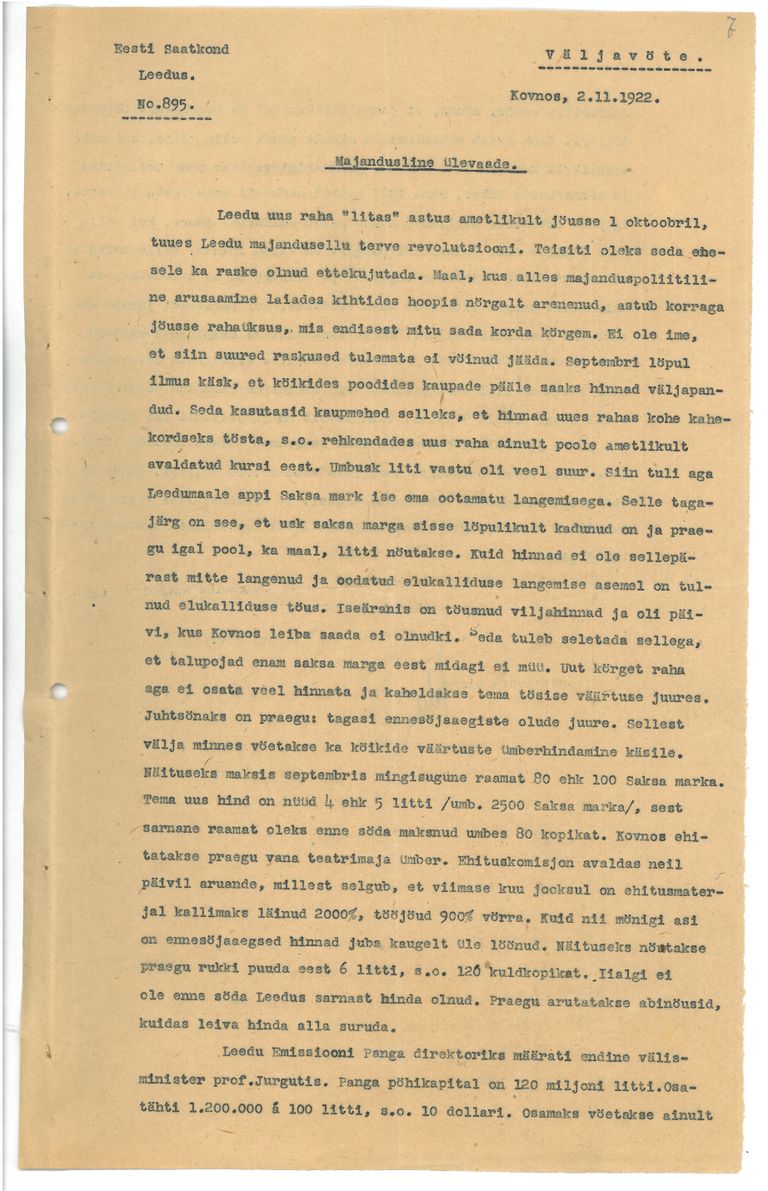 Ärakiri Eesti Leedu saatkonna poolt koostatud Leedu majanduse ülevaatest 2. novembrist 1922, mis on saadetud Tallinna Börsikomiteele