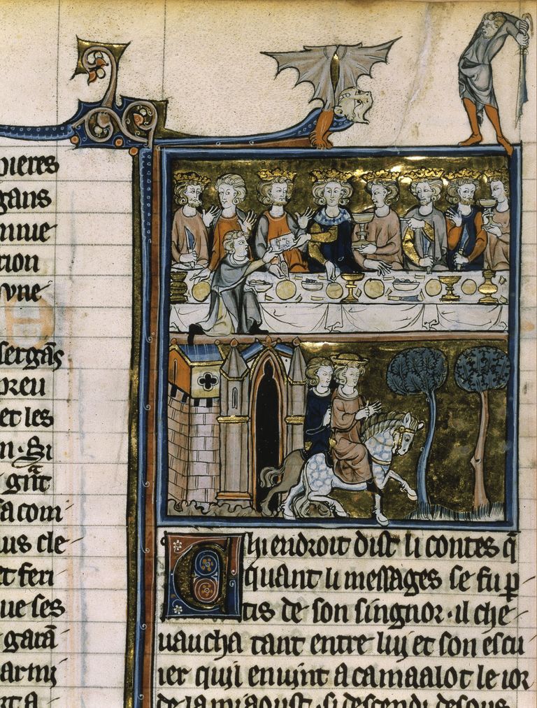 Keskaegne manuskript, millel on kujutatud kuningas Arthurit ja tema ümarlauarüütleid (üleval) ning kuningas Arthurit ja kuninganna Guinevere'i (all)