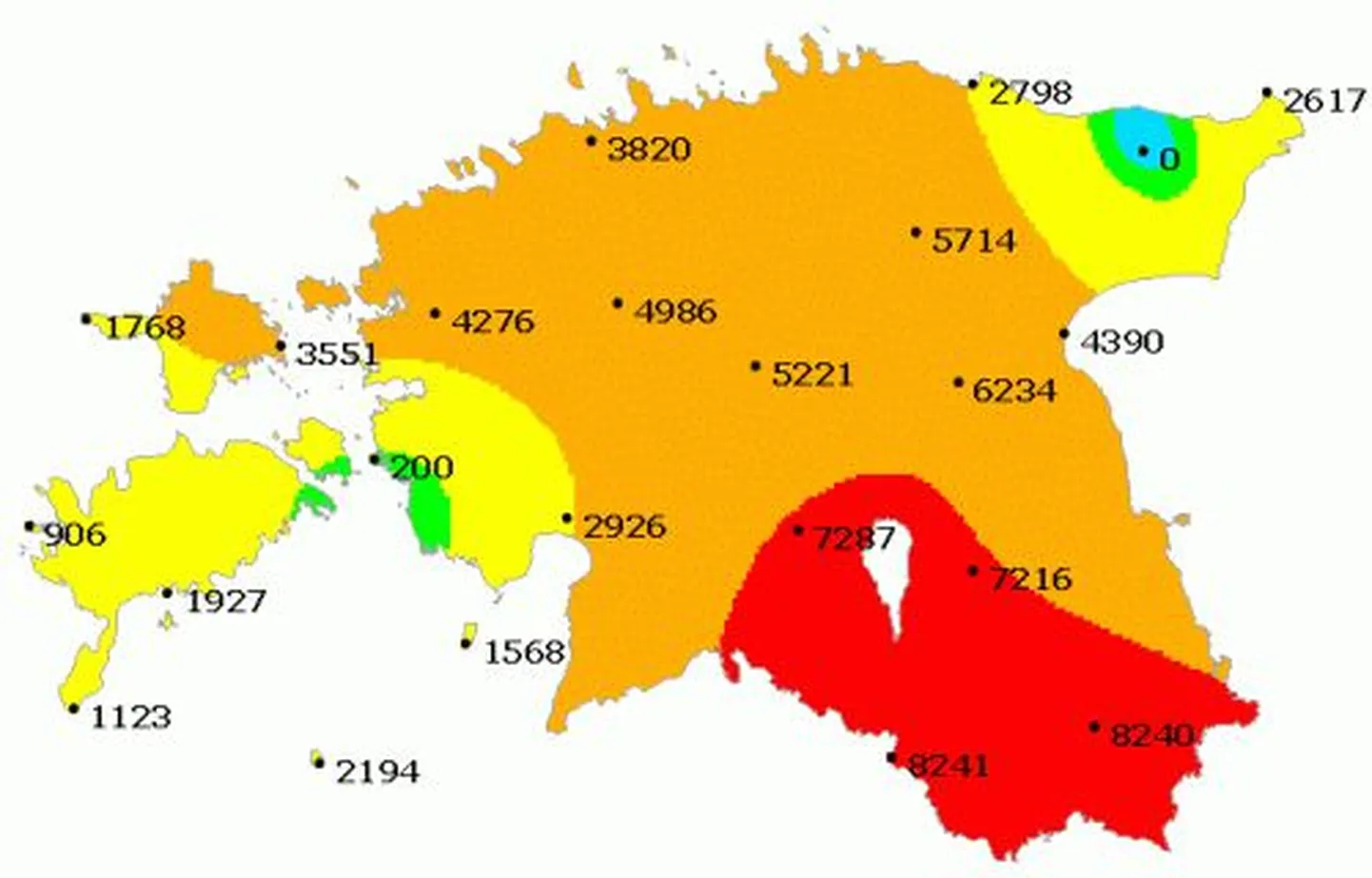 Tuleohutuskaart. Valgamaal on ohtlikkuse tase V ehk valitseb äärmiselt suur tuleoht.
