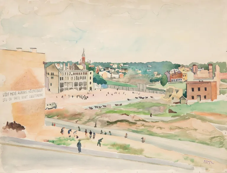 Eduard Maaseri akvarellil on vaade Tartu kesklinnale 1947.