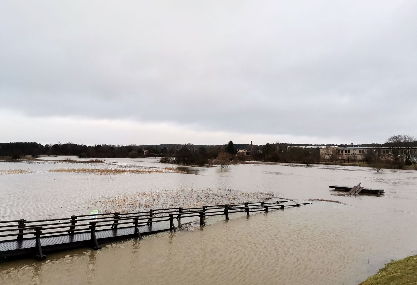 Lätis soojade ilmade tõttu üle kallaste tõusnud jõgi.