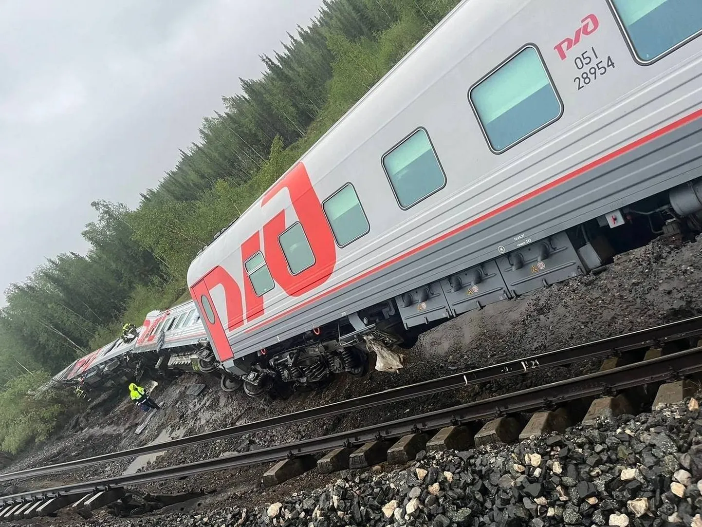 Rööbastelt välja paiskunud Vene reisirong. Foto on ilustreeriv.