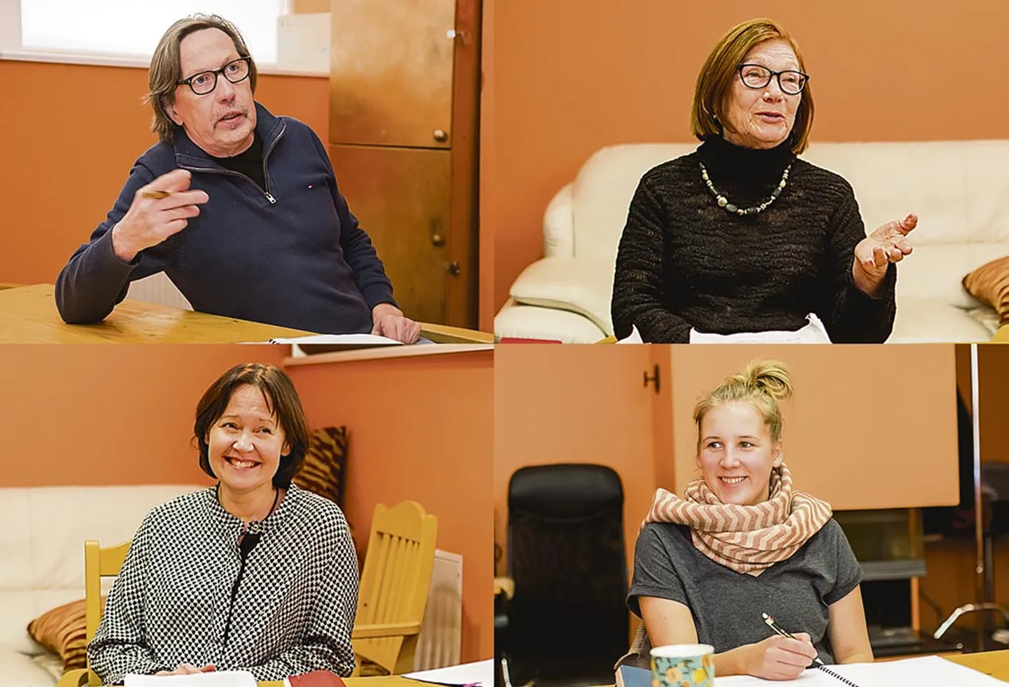 Lavastaja Madis Kalmet ja tema kolm näidendinaist: vanaema Lii Tedre, ema Karin Tammaru ja tütar Saara Nüganen uuslavastuse “Itk” lugemisproovis Endla teatris.