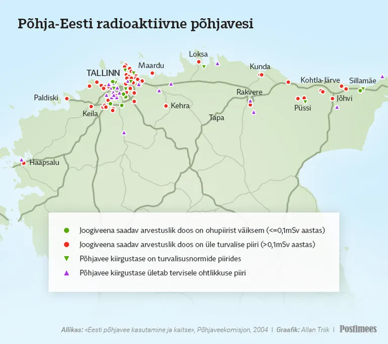 Карта мест, где вода из-под крана может быть радиоактивной. Источник: "Eesti põhjavee kasutamine ja kaitse" 2014