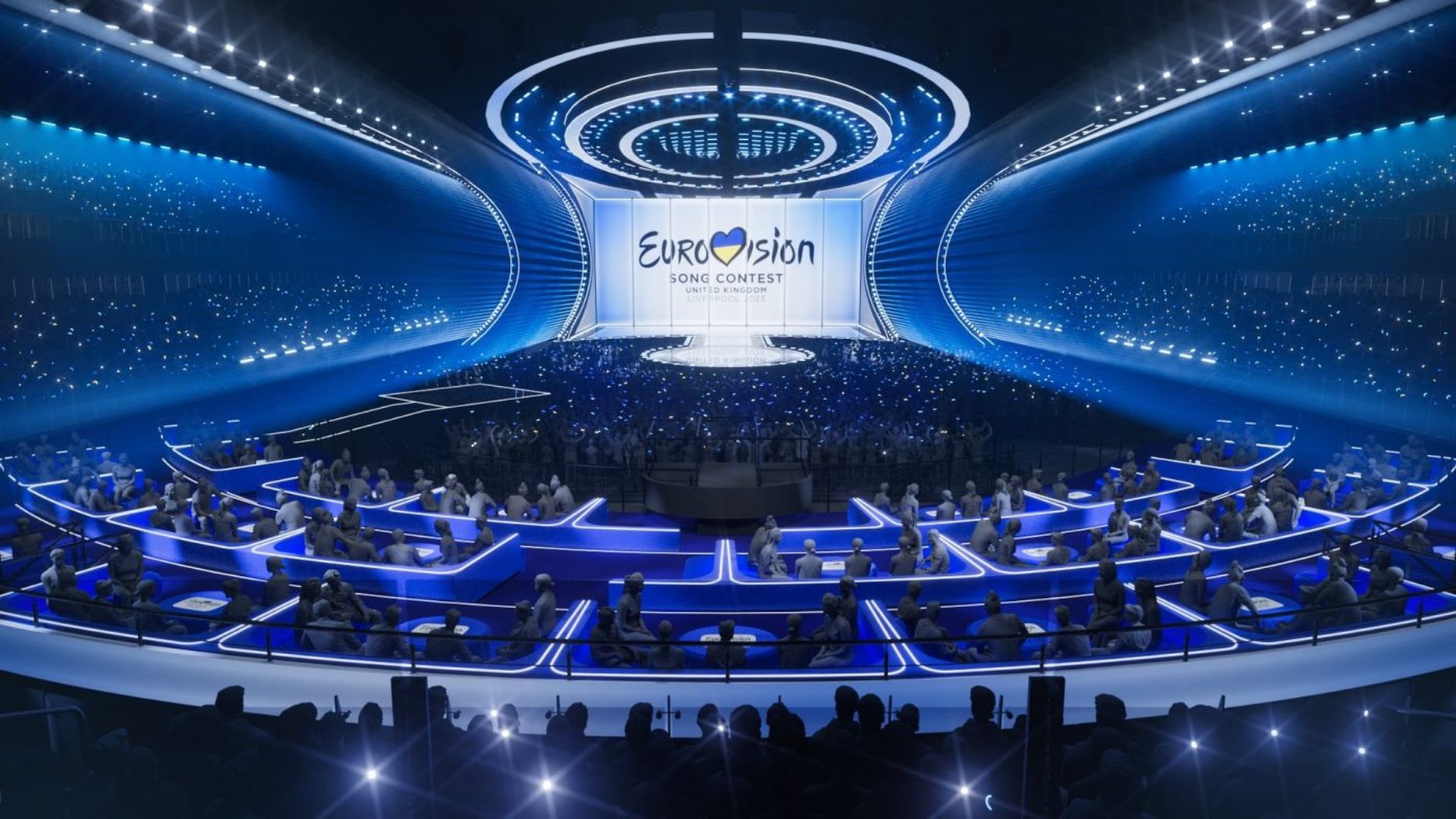 "Eirovīzijas 2023" fināla skatuves dizains Liverpūles "M&S Bank" arēnā