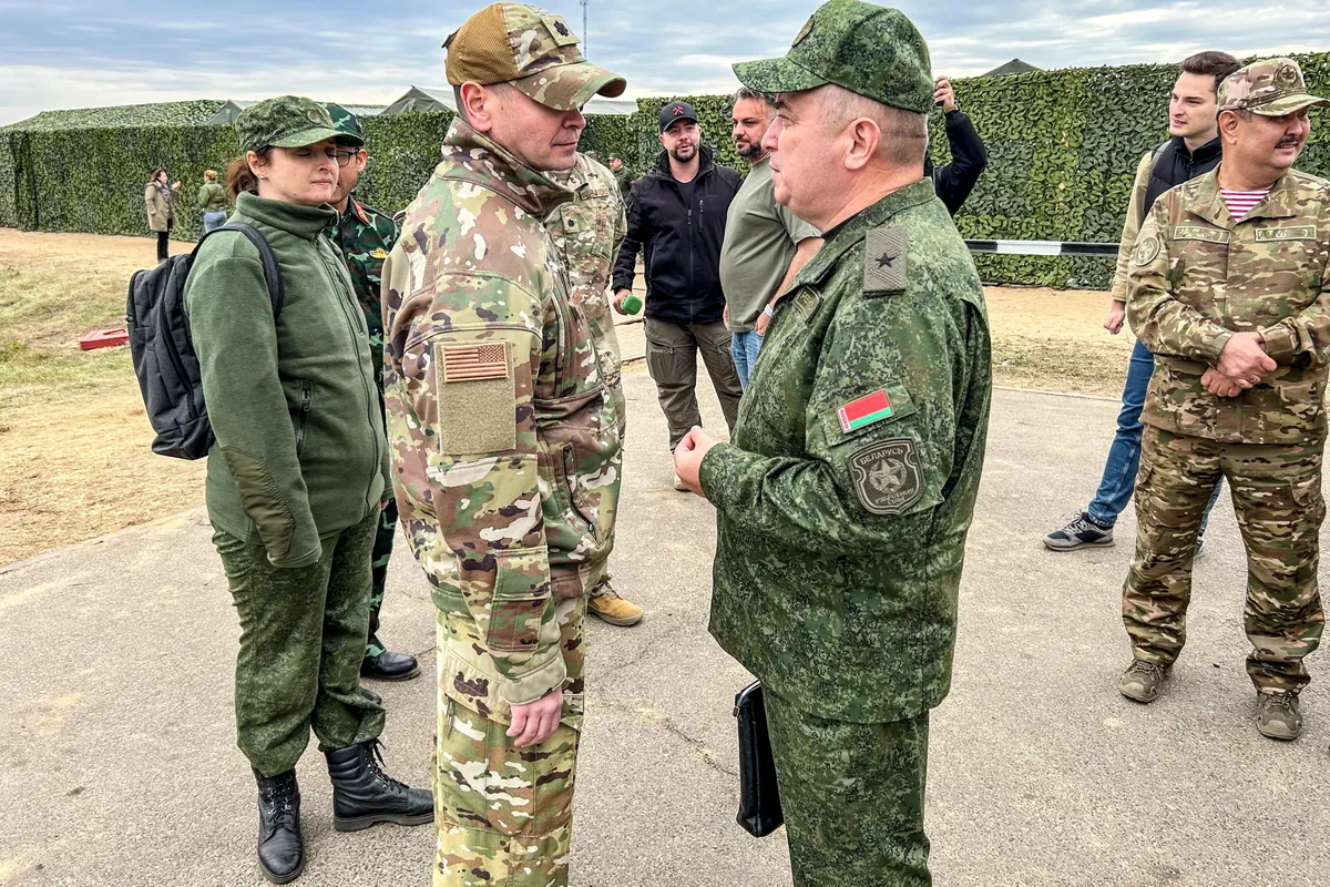 American observer (L front) attends the Zapad-2025 joint military drills held by Russia and Belarus at the Borisov military ground.Photo:Ivan Belopushkin/ZUMAPRESS.com