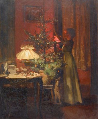 Prantsuse kunstniku Marcel Rieder 1898. aasta maal jõulukuuske ehtivast naisest.