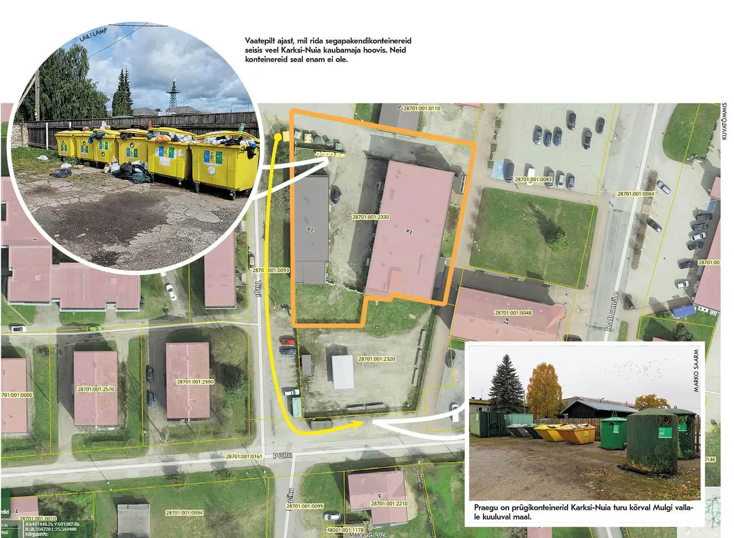 Veel selle suve hakul seisid Karksi-Nuia rahvale ühiskasutamiseks pandud pürgikastid Abja Tarbijate Ühistu maal (oranž). Nüüd on hoovis olevad konteinerid ära viidud ning parkla ääres paiknenud teisaldatud turu juurde (kollane nool).