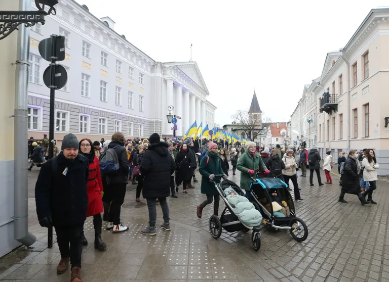 ESMASPÄEVAL kogunes mitusada Tartu ülikooli akadeemilise pere liiget peahoone ette sinikollaste lippude alla, et salvestada ingliskeelne videopöördumine maailma avalikkuse poole Ukraina ja selle haridusasutuste toetuseks.