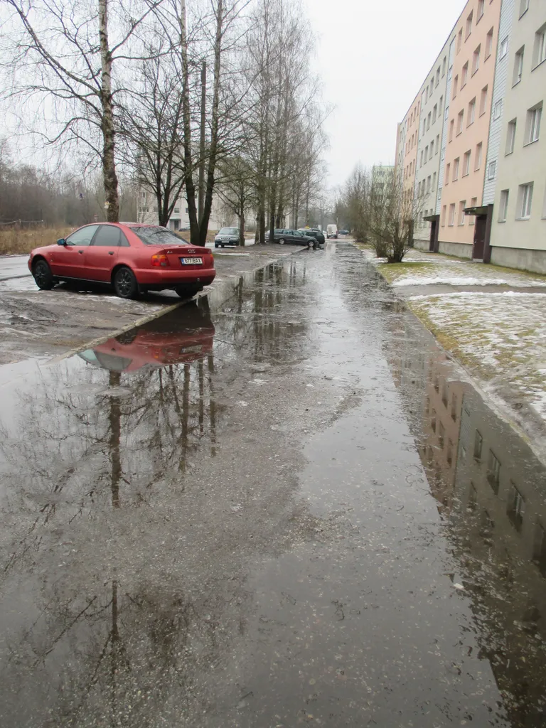 Pärnu Rohu 107 elanikud on püsti hädas: suure kortermaja ulatuses laiub ilmatu suur veekogu, millest nad kuidagi üle ei pääse. Foto: