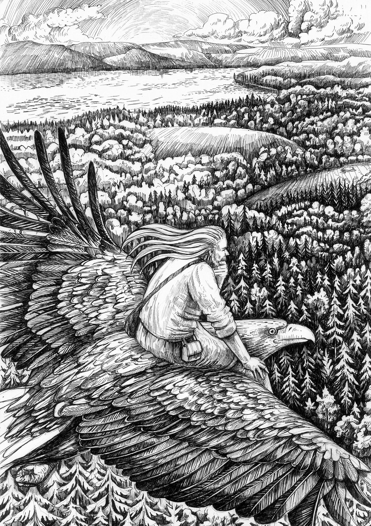 «Kalevipoja» pildikeelt selgitavas raamatus lendab Jevgenia Dudini joonistatud illustratsioonil vana Kalev kotka seljas Viru randa. Pilt illustreerib eepose esimest lugu ning kotkas viitab mõtlemisele. Vaid mõttel on jõud, et tõusta kõrgustesse.  Jevgenia Tudin