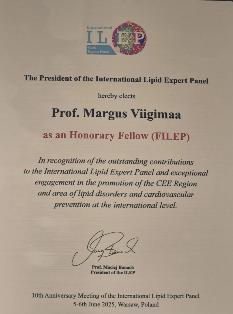 International Lipid Expert Panel’i (ILEP) 10. aastapäeva konverentsil anti professor Margus Viigimaale üle ILEP Honorary Fellow aunimetus