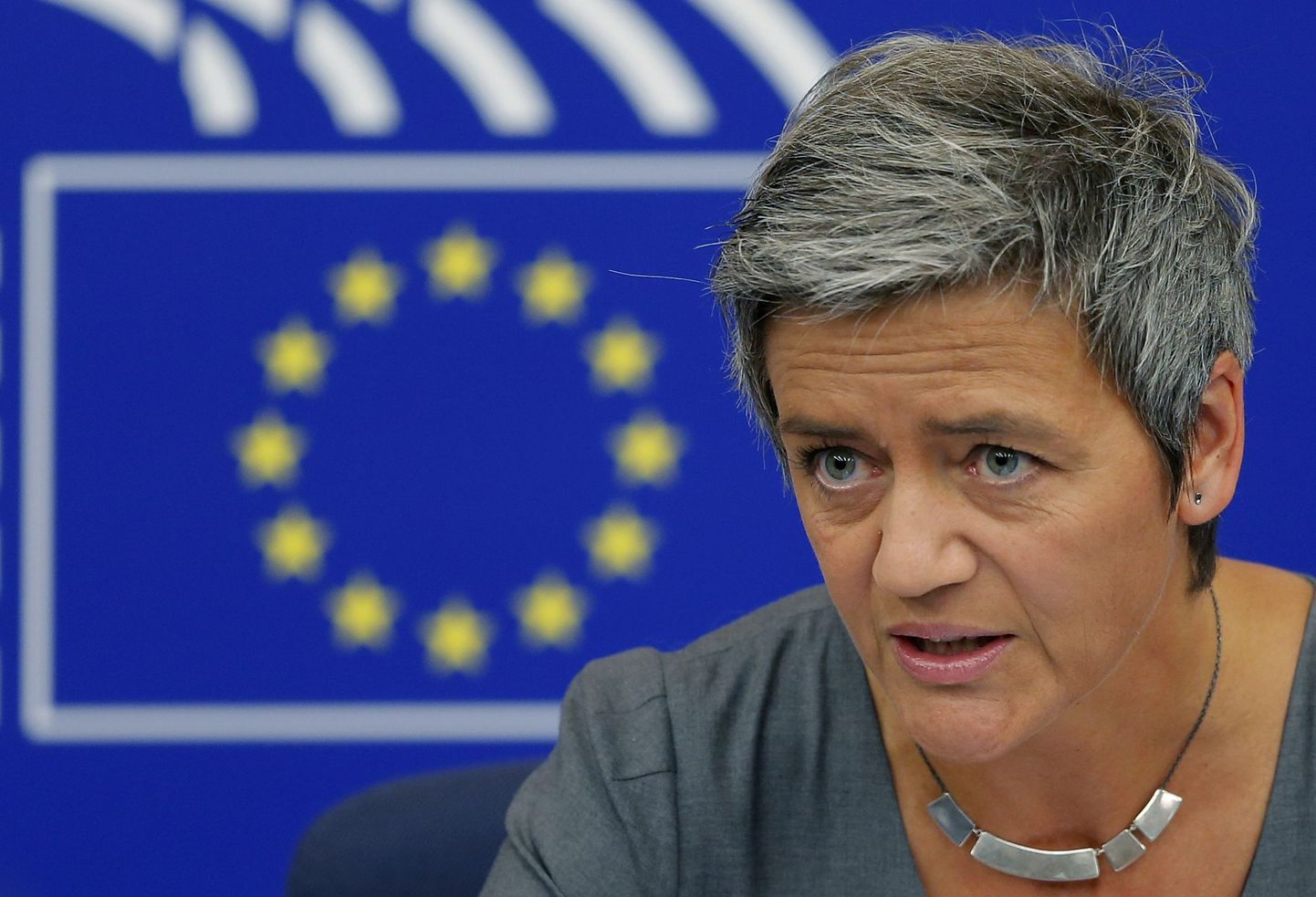 European Competition Commissioner Margrethe Vestager holds a news conference on the takeover of Alstom's power businesses by U.S. conglomerate General Electric at the European Parliament in Strasbourg, France, September 8, 2015. General Electric won European Union antitrust clearance on Tuesday to buy Alstom's power unit, its largest ever takeover. REUTERS/Vincent Kessler