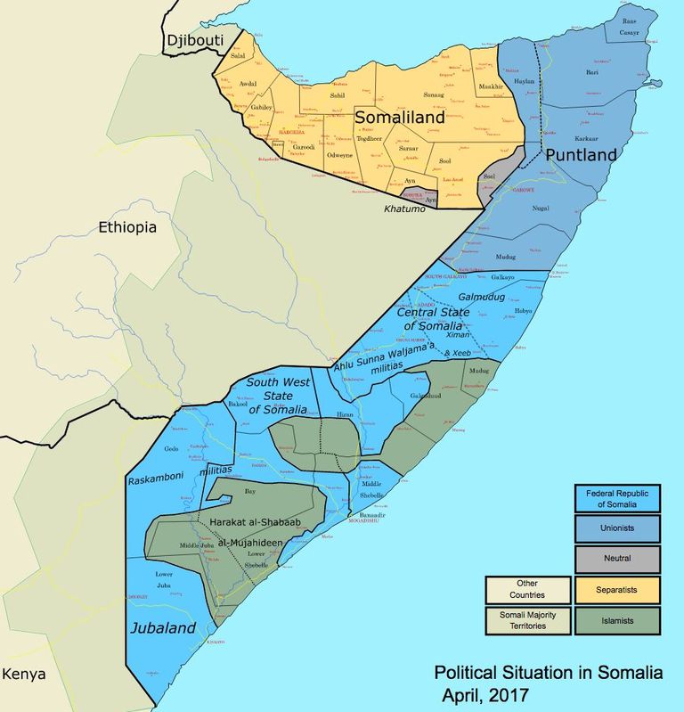 Kaart, millel on näha, millised Somaalia alad on islamistide käes (pruuniga)