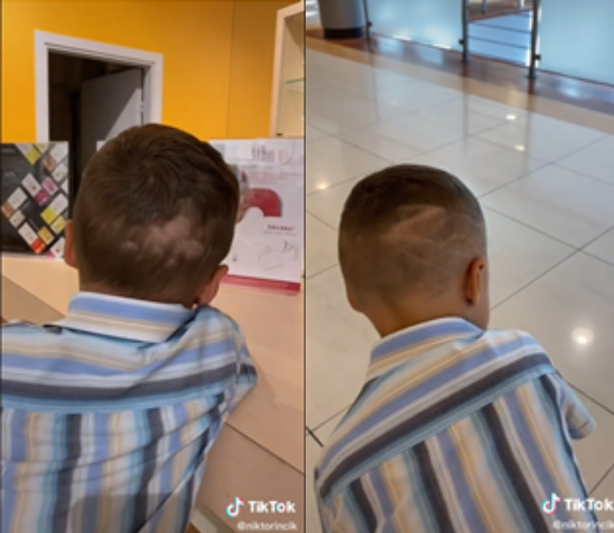Sievietes dēla matu griezums pirms (no kreisās) un pēc salona apmeklējuma.